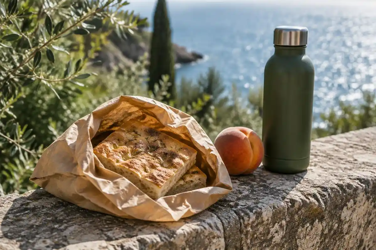 Focaccia in a paper bag, a peach and water bottle on a sunny stone wall