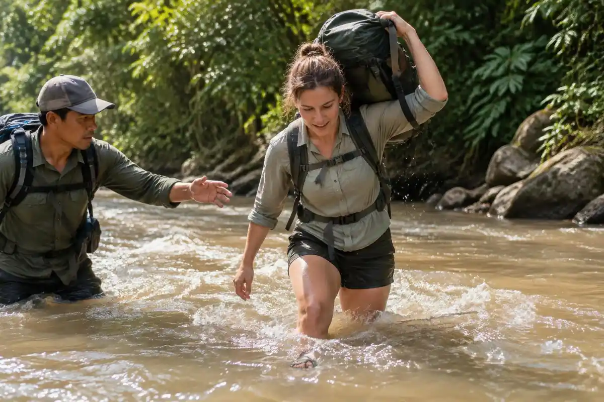 Trekker wading a brown jungle river with pack held high as a guide steadies