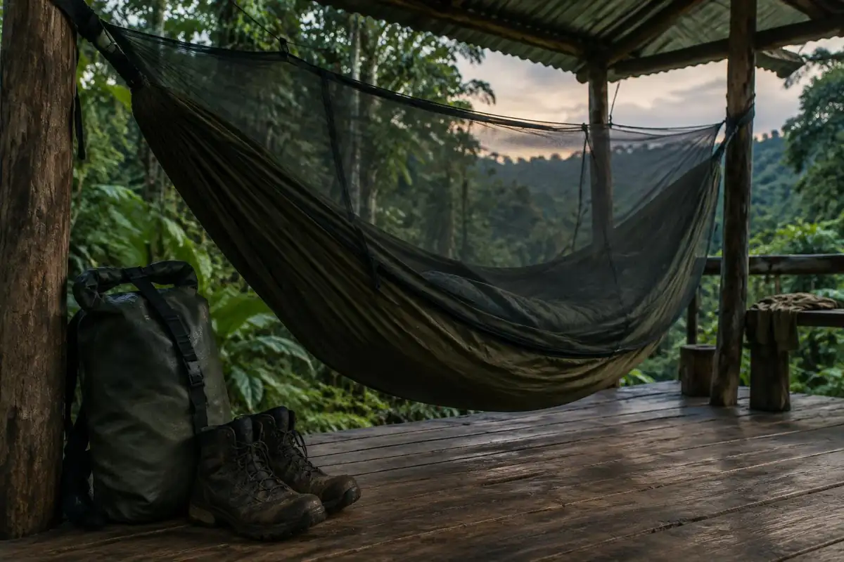 Hammock with mosquito net under a tin roof at a rustic jungle camp