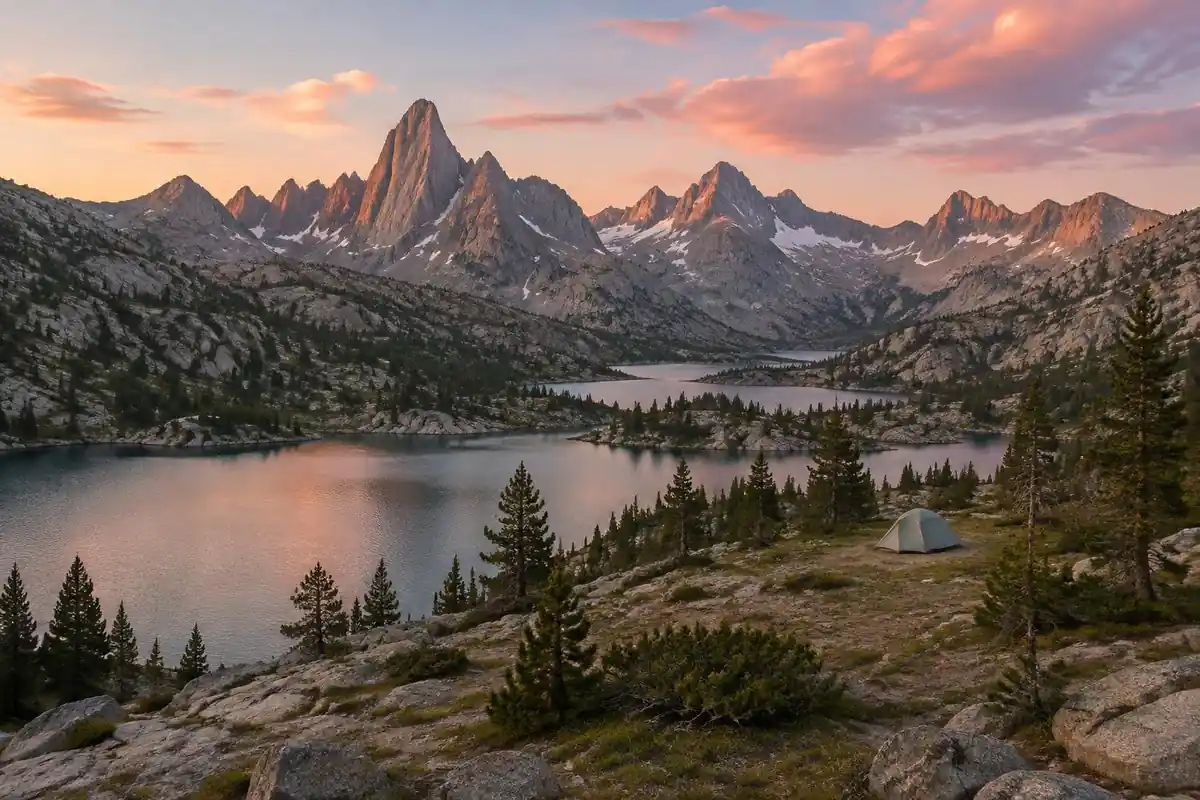 Granite spires above glacial lakes with a lone tent set back among sparse pines