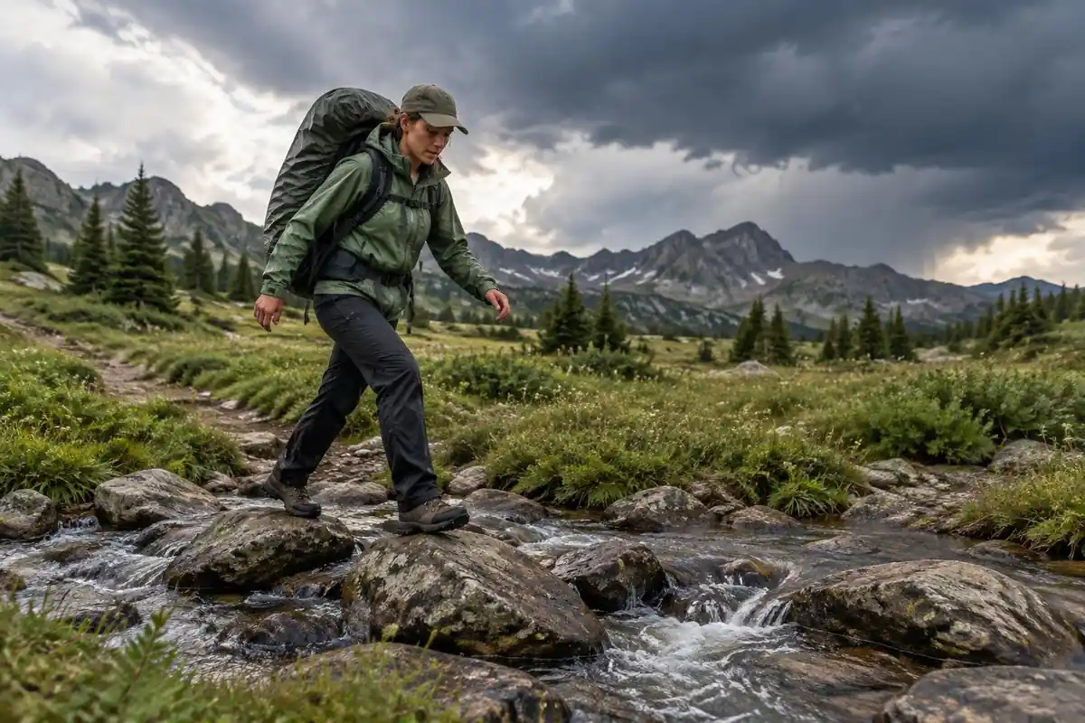 Hiker in rain shell crossing a rocky stream on stones as thunder clouds build