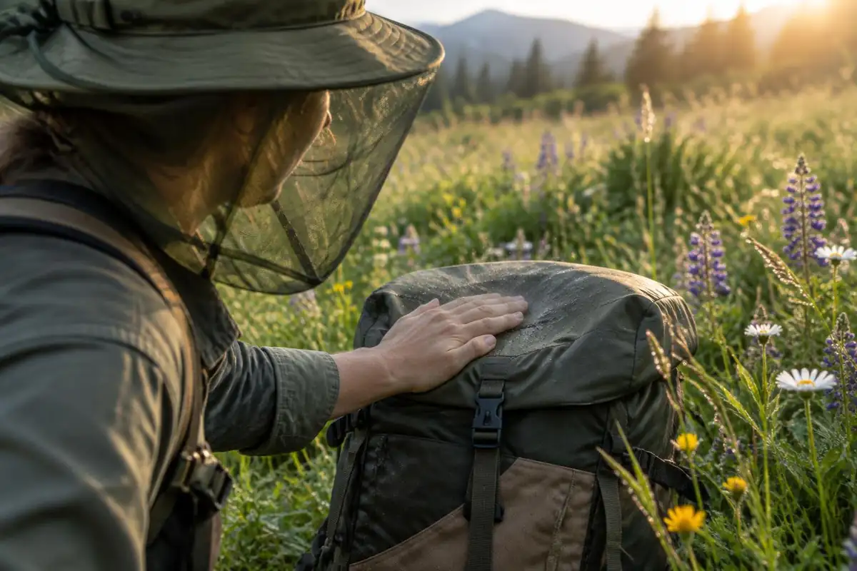 Hand closing a pack lid beside a hat with head net in a wildflower meadow
