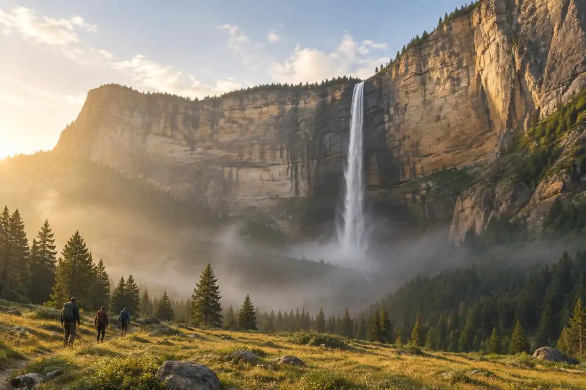Curved sandstone cliff wall with a thin waterfall above a hazy valley and small hikers