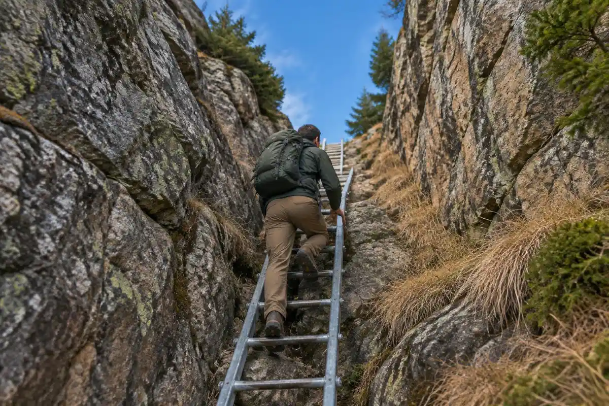 Man climbing a metal ladder in a narrow rock cleft gully