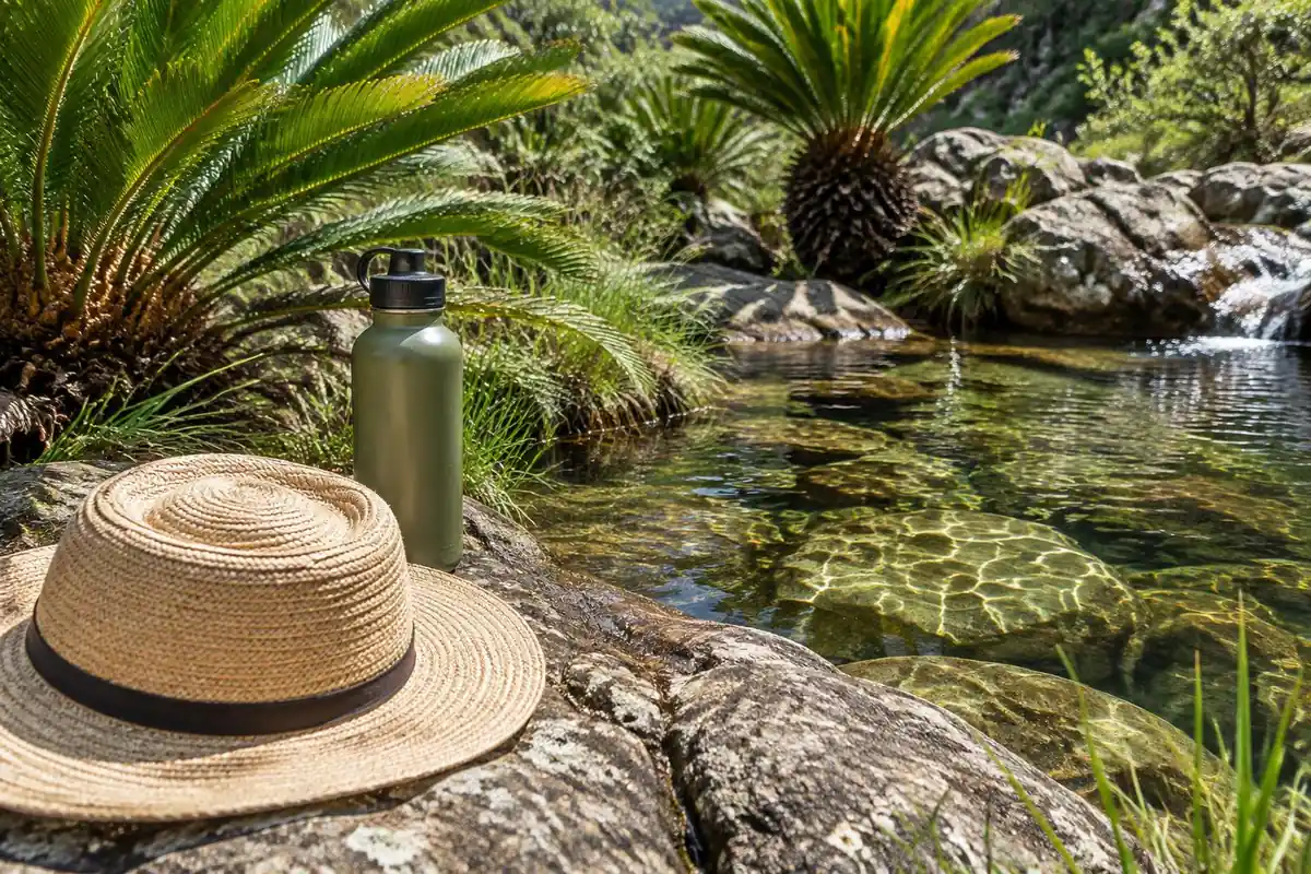 Sun hat and water bottle beside a clear rock pool with grasses