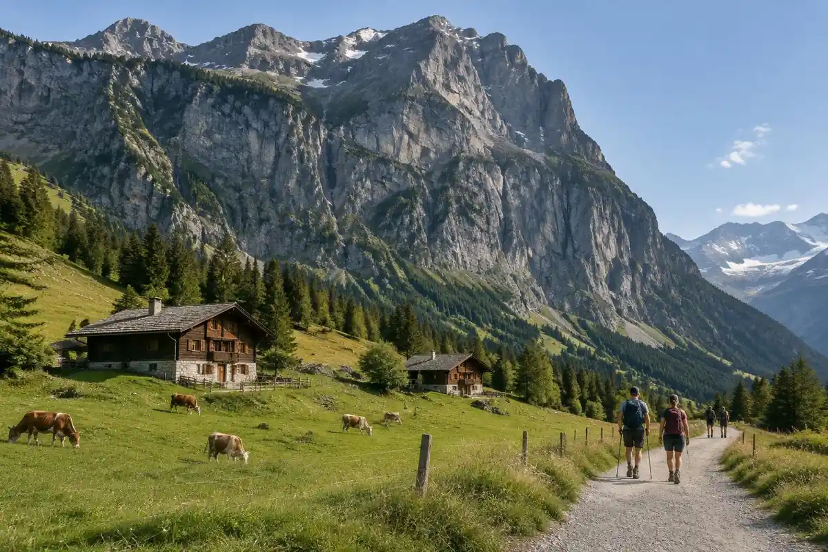 Steep dark rock wall towering above green alpine pastures with grazing cows