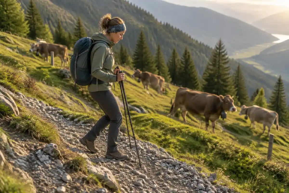 Hiker with poles walking down a long steep gravel path with legs braced