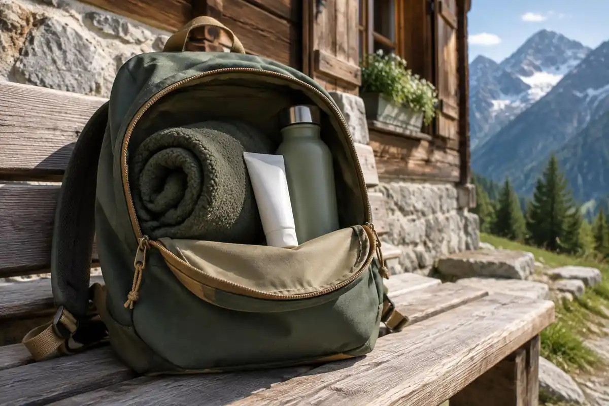 Small daypack with sunscreen, fleece and water on a wooden bench beside a chalet