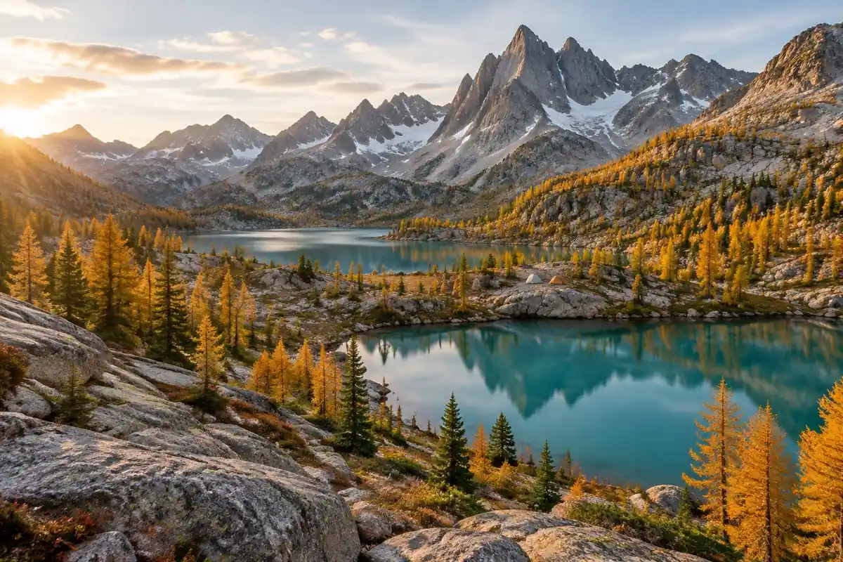 Granite basin with larches, turquoise lakes and jagged peaks in early fall
