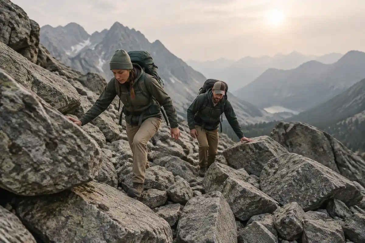 Hikers scrambling across a broad boulder field with hands on rock
