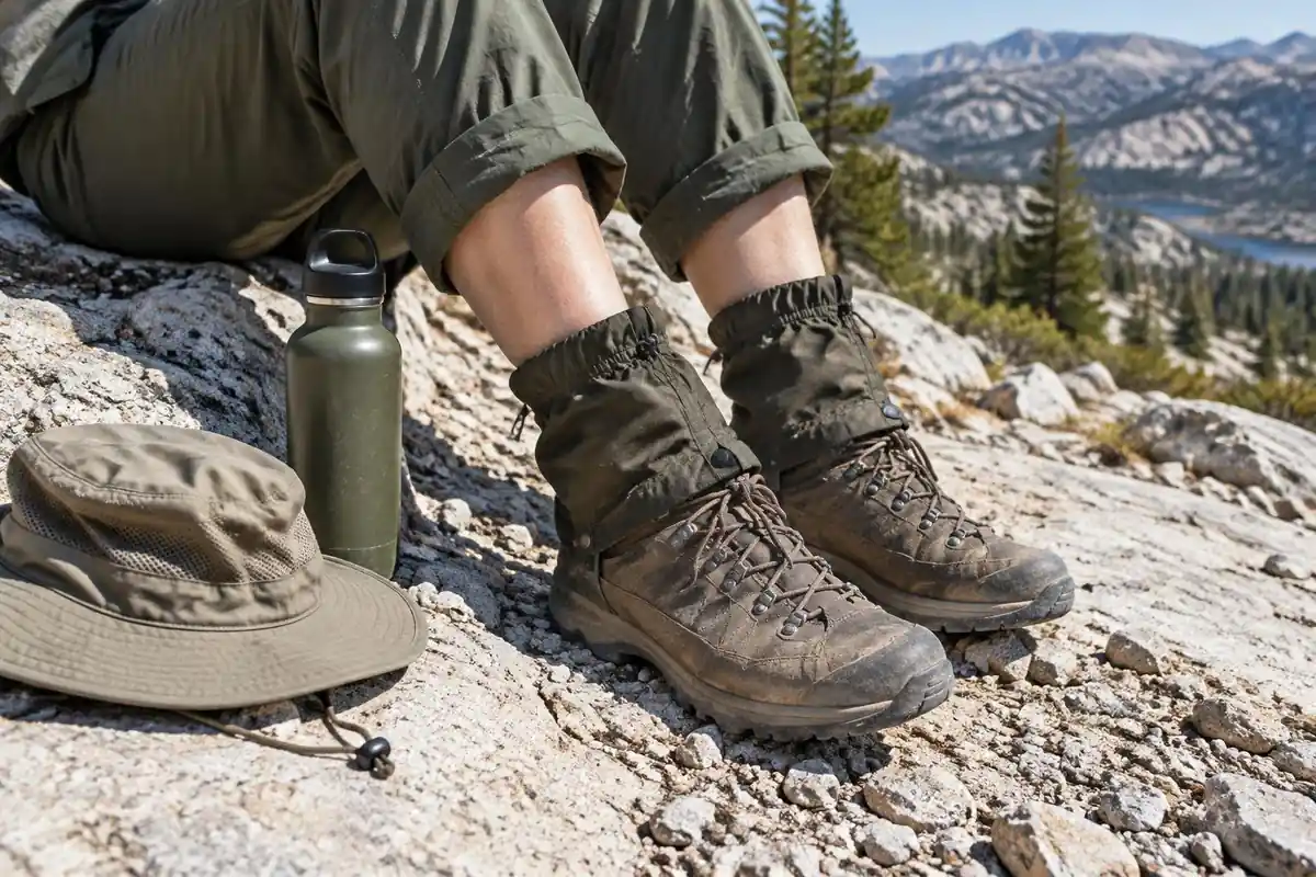 Dusty boots with a small scree pebble and a sun hat resting on bare granite