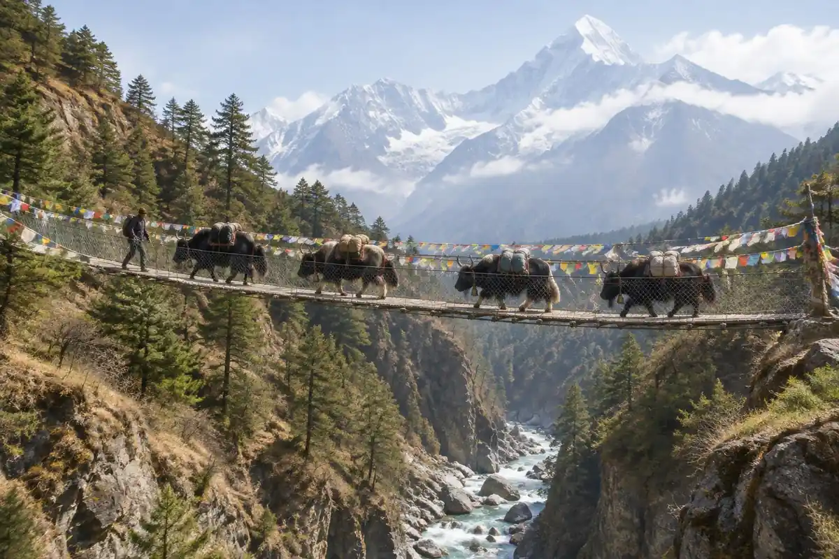 Prayer-flag suspension bridge over a gorge with a yak train crossing