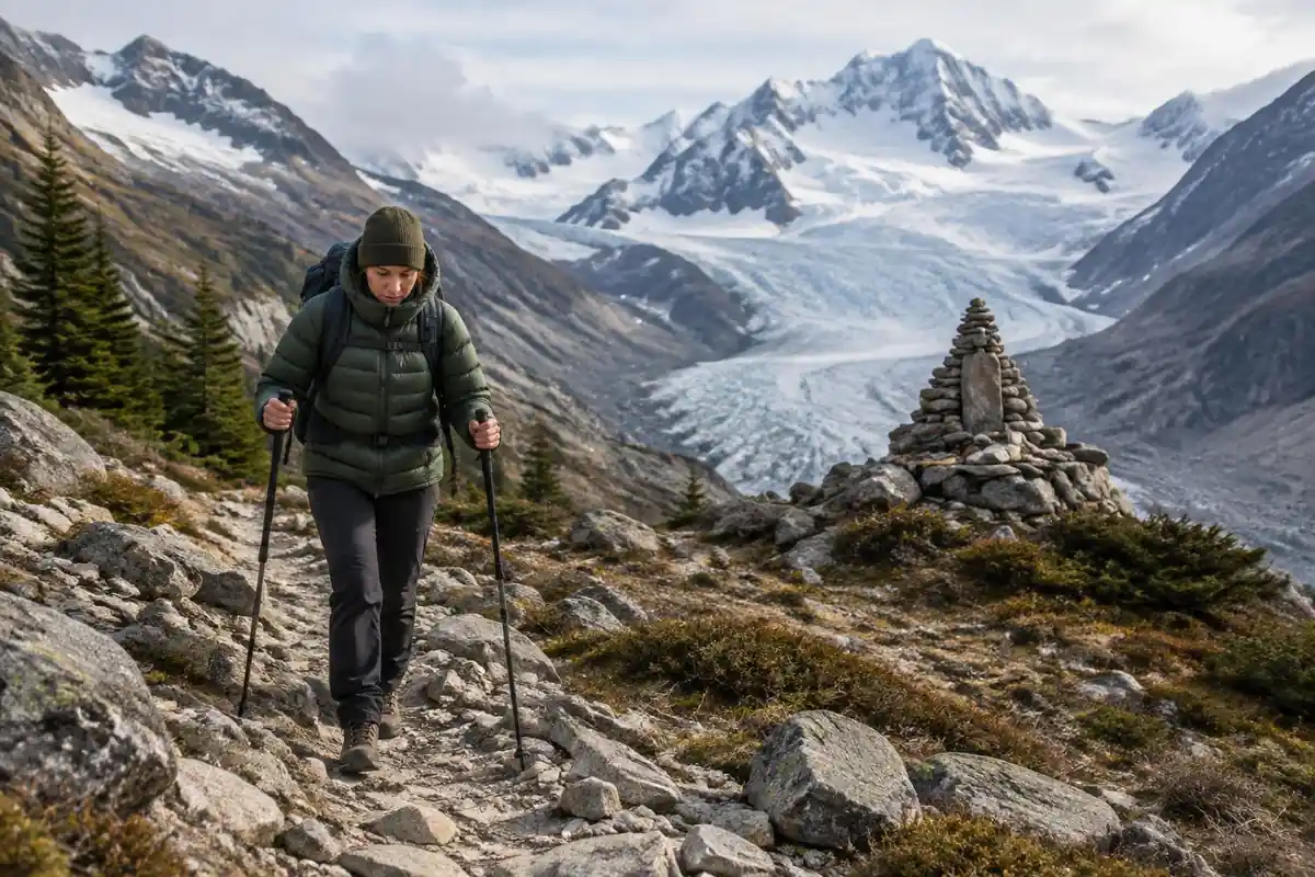 Trekker in down jacket walking slowly on a rocky moraine trail toward a glacier