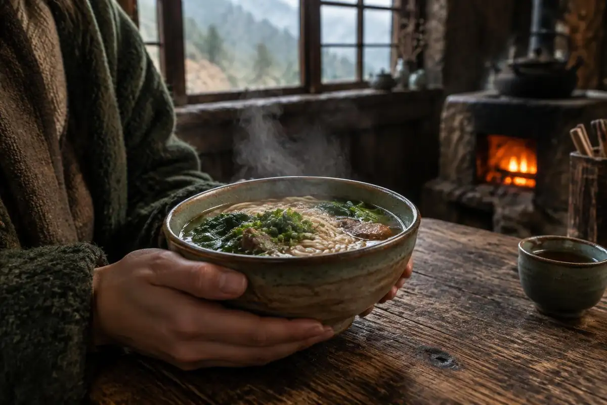 Hand holding a bowl of steaming noodle soup at a rough tea-house table