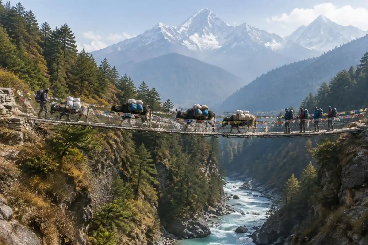 Suspension bridge with prayer flags over a deep river valley with a yak train