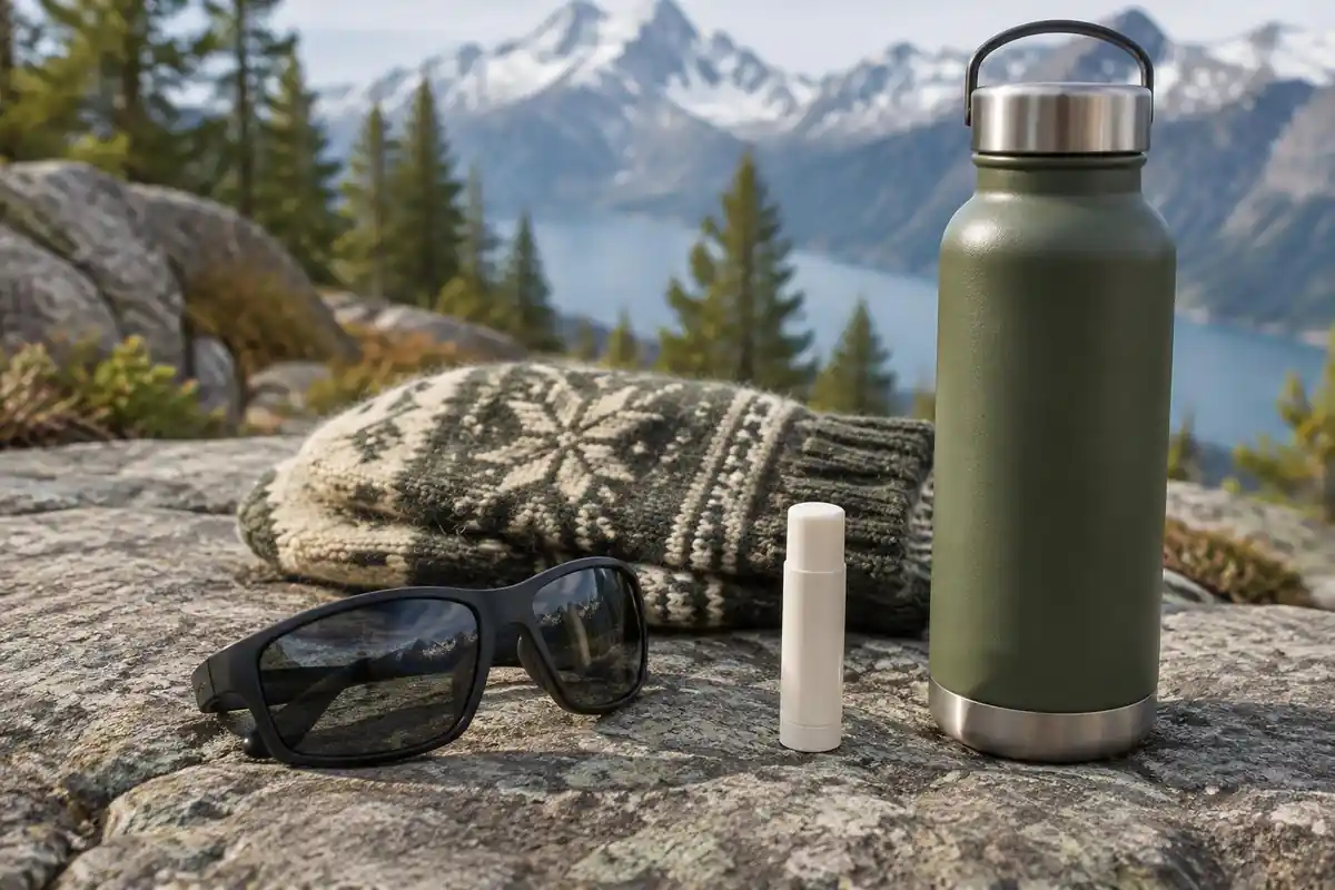 Sunglasses, lip balm and a bottle with a thermal sleeve on a stone table