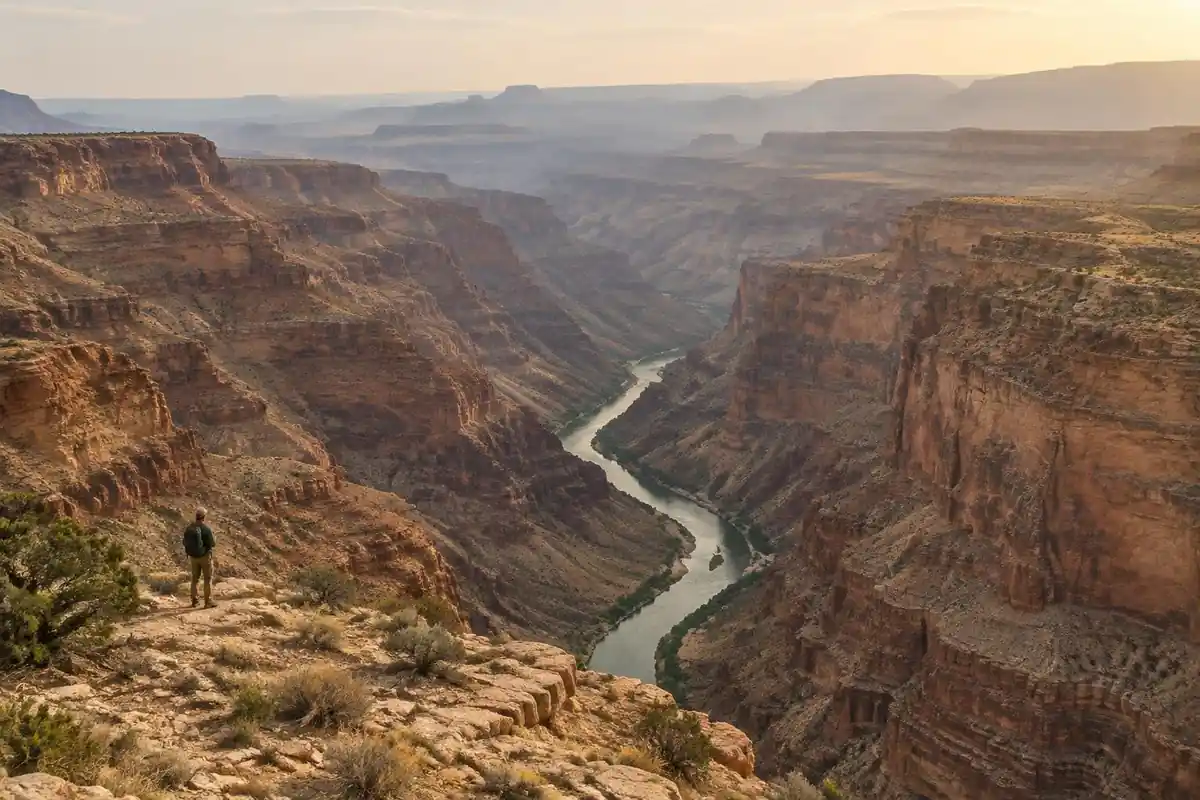Huge dry desert canyon with ochre walls and a thin green river snaking below