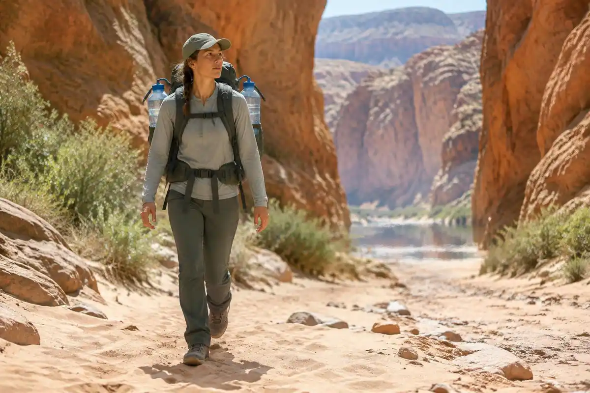 Hiker on a canyon floor carrying extra water bags in hot orange heat