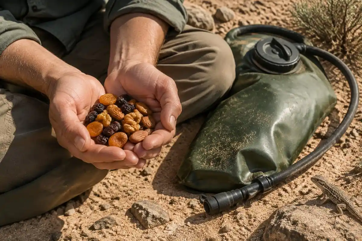 Hands holding dried fruit and nuts beside a large water bladder on hot sand
