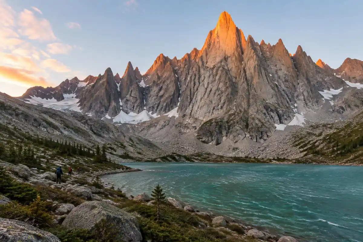 Orange granite spires at sunrise over a small green-blue lagoon with tiny hikers