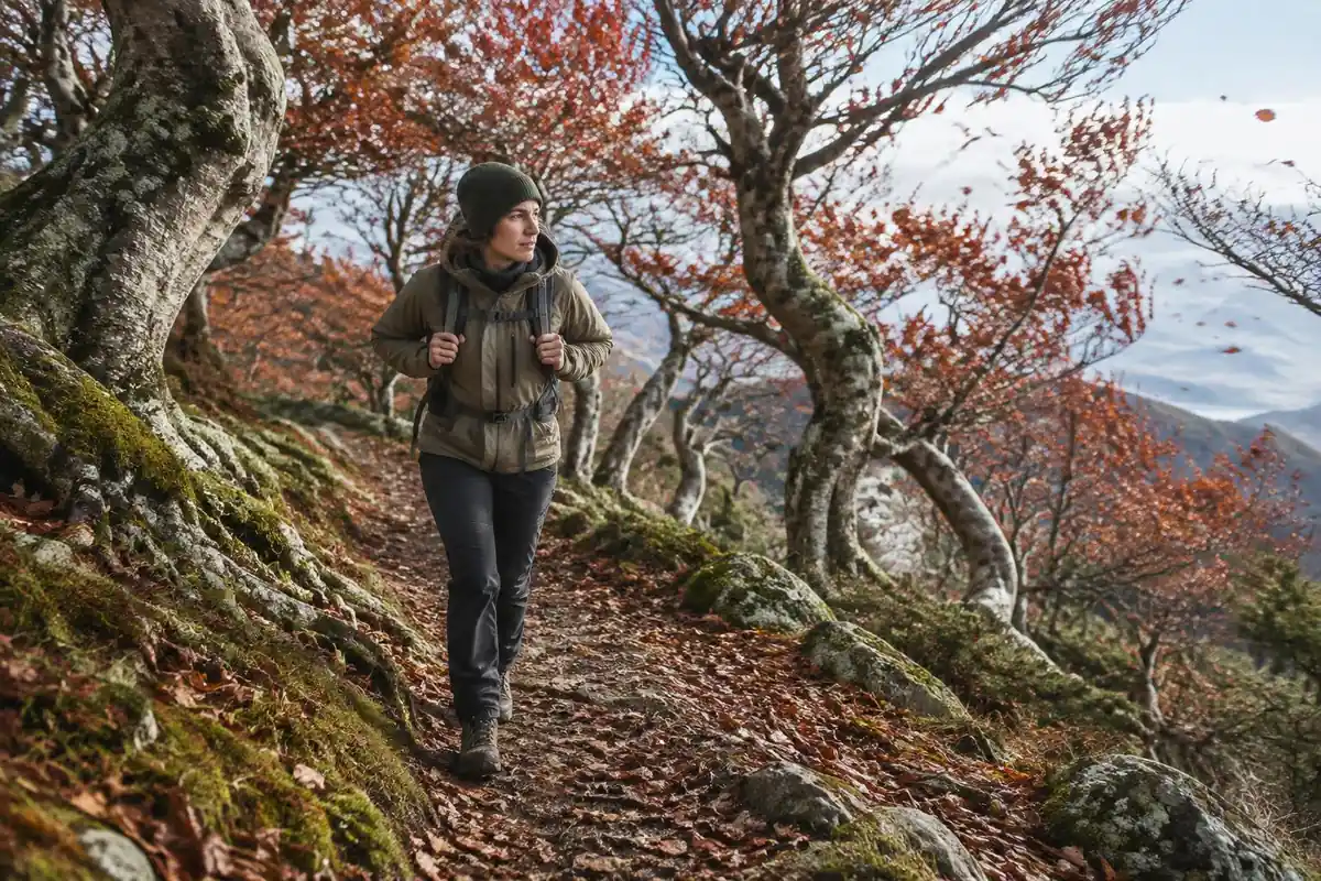 Hiker in a beanie striding through windswept red autumn beech forest