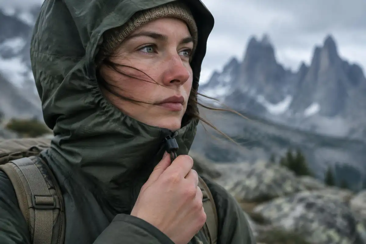 Hand tightening a windproof shell hood with blurred stone peaks behind