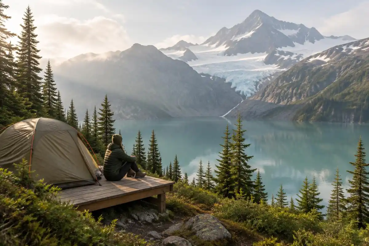 Bright teal lake beneath a jagged glacier peak with a small tent camp on a wooden platform