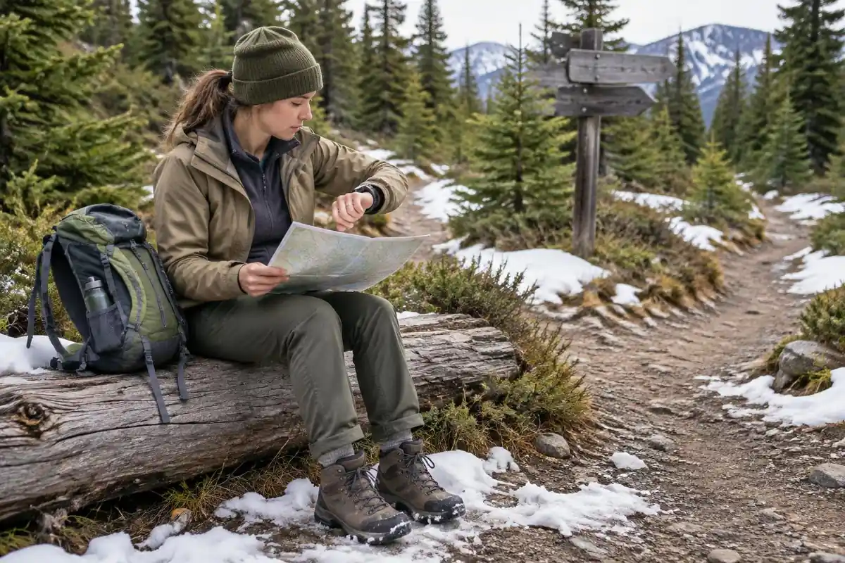 Hiker seated on a log checking her watch and map before deciding to turn around