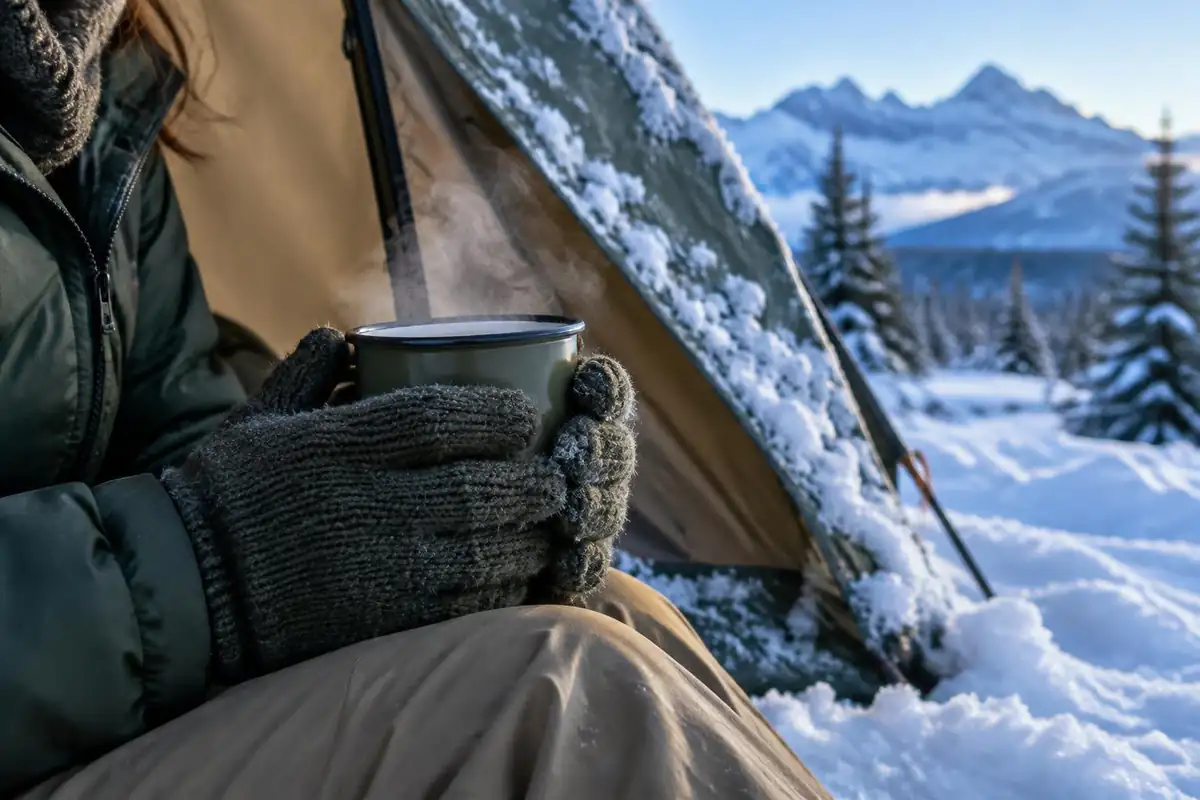 Cold hands in gloves warming around a cup beside a snowy tent flap