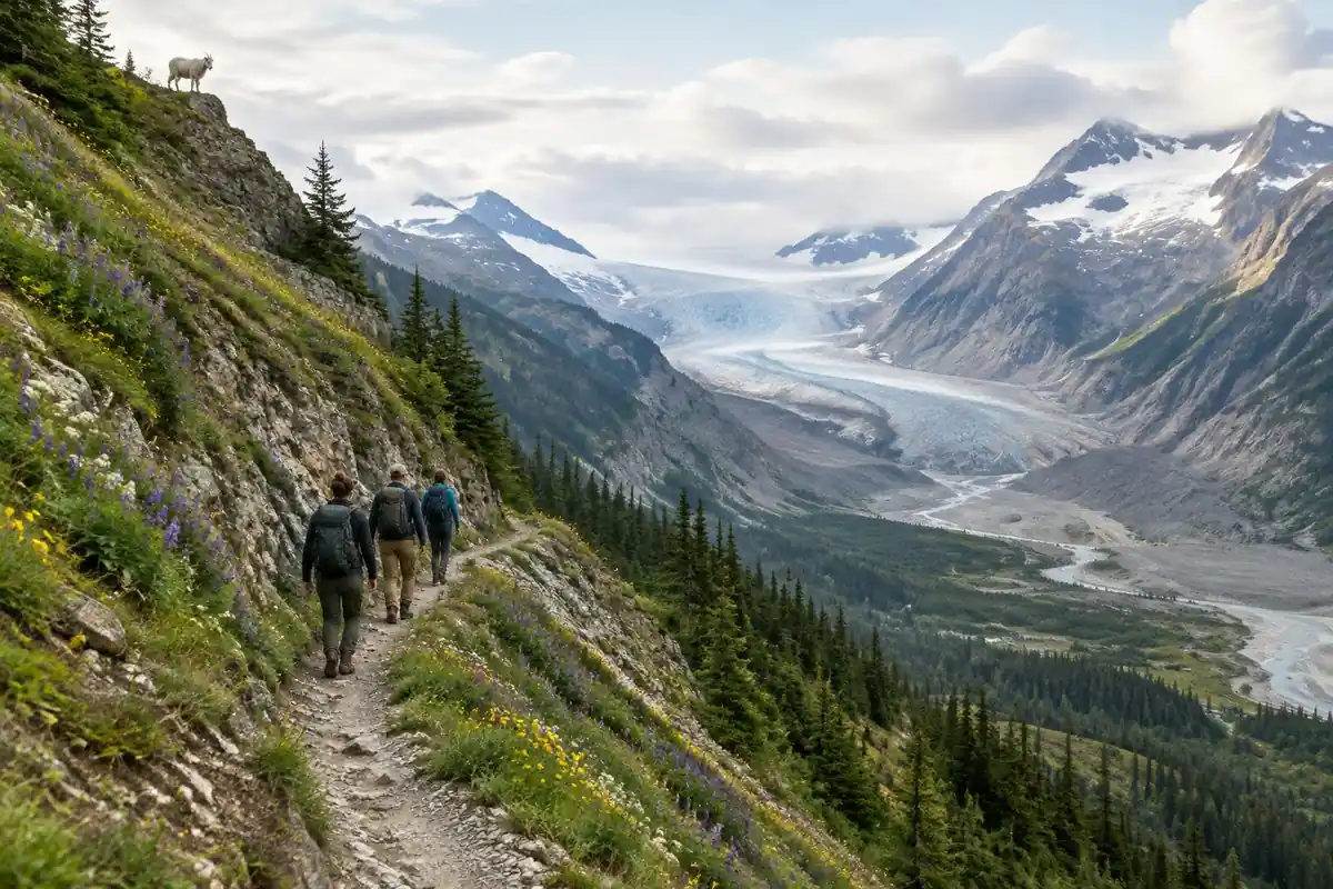 Hillside trail carved into a huge glacial valley wall with wildflowers and a mountain goat