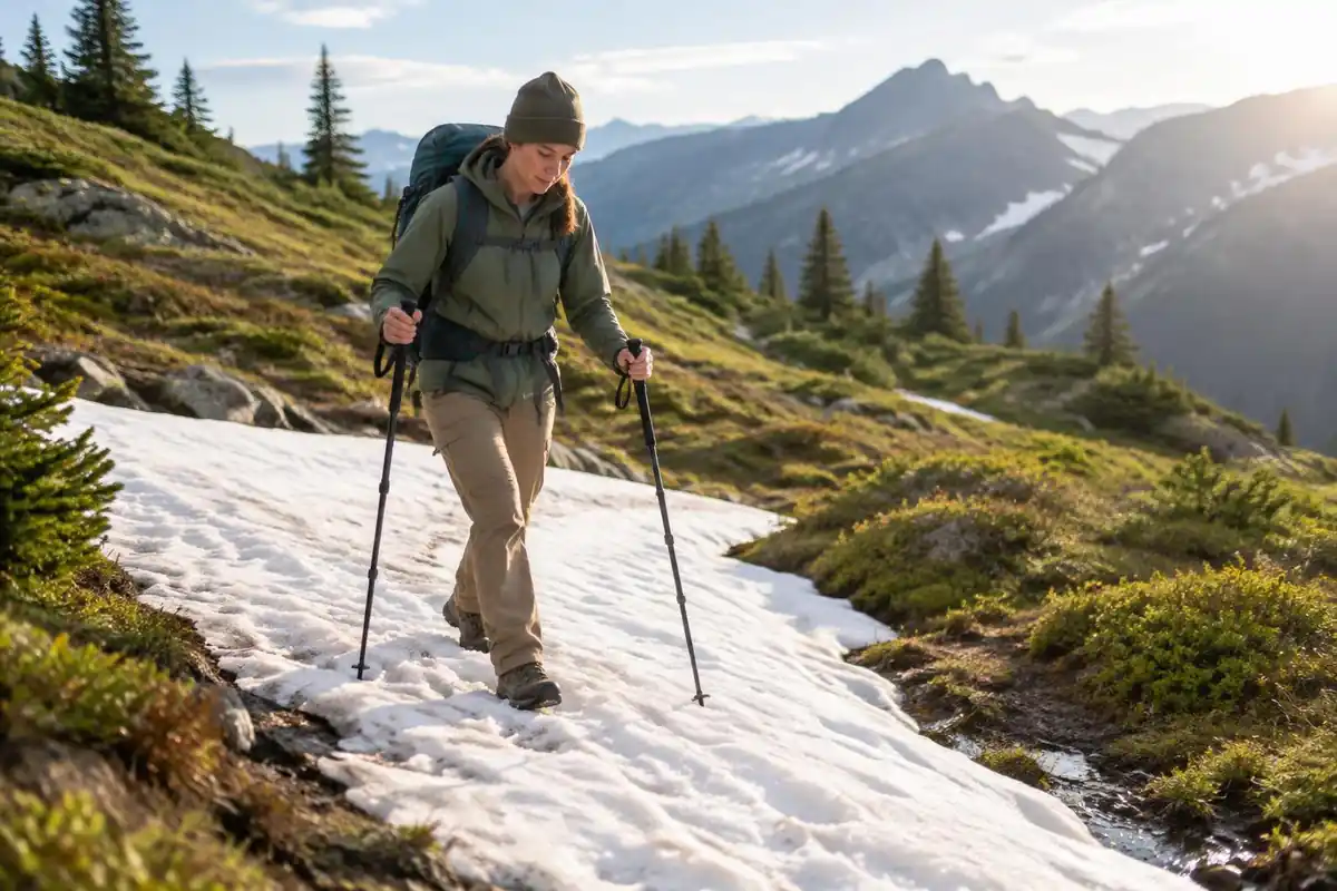 Hiker in a pack crossing a soft snowfield patch with poles
