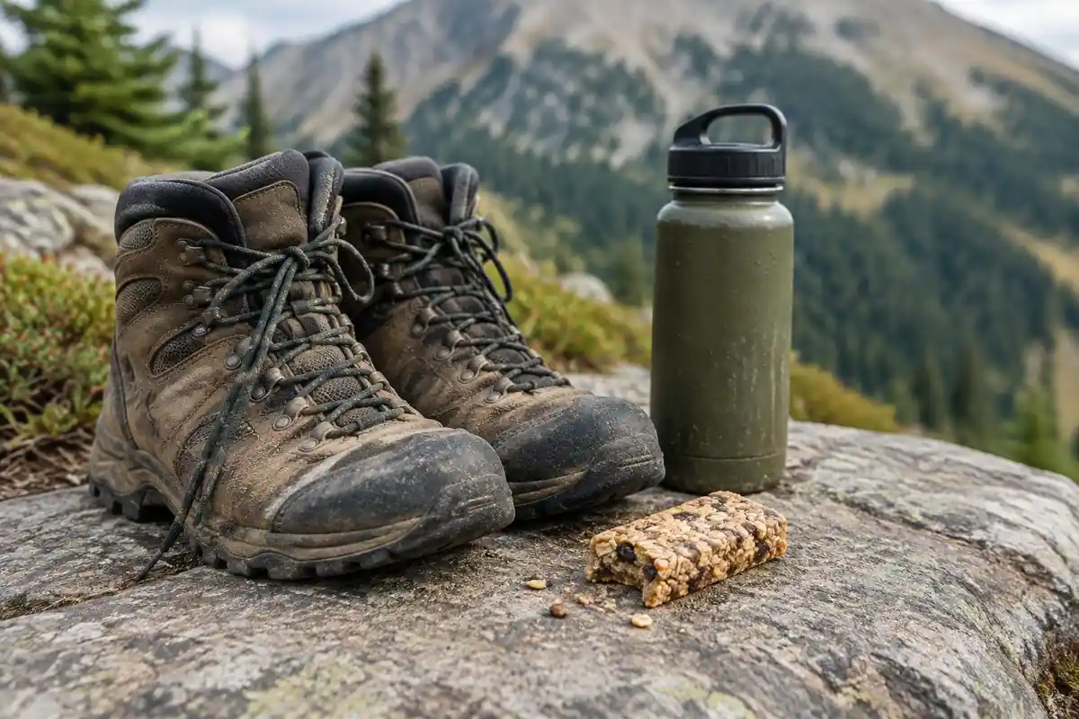 Tired boots and a half-eaten trail bar sitting on a stone at a rest stop