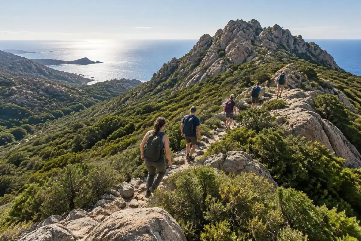 Rocky granite ridge with maquis scrub and chains on steep bare slabs, sea on horizon