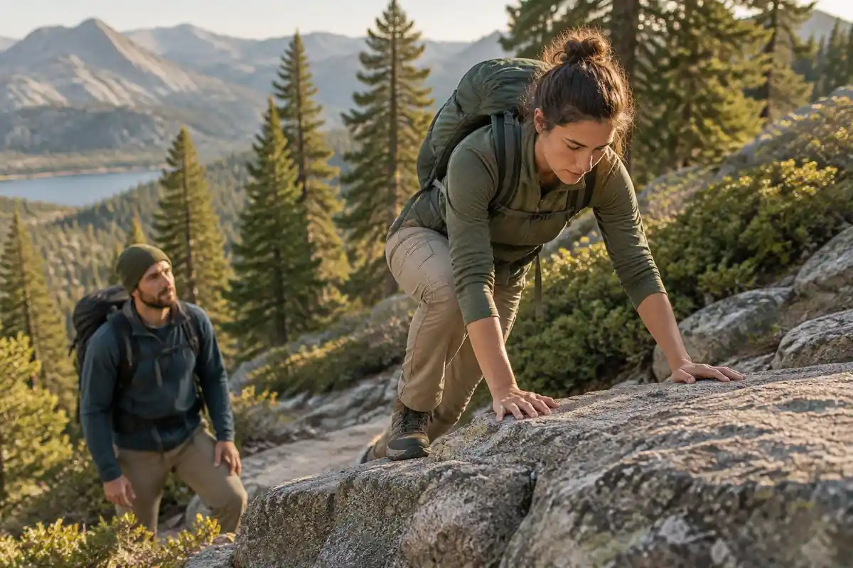 Hiker with pack using hands to climb a short granite step with a partner spotting