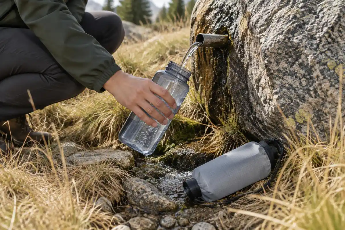 Refilling a bottle from a small stone trough beside a stream with cattle bells in the background