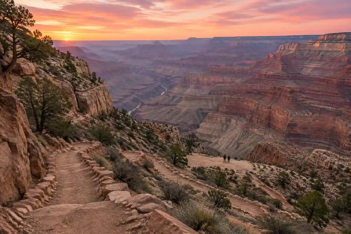 Long switchbacked trail dropping into a huge stratified desert canyon at dawn