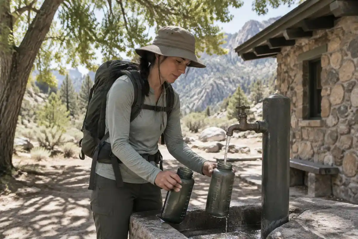Hiker refilling bottles at a simple metal tap beside a stone shelter