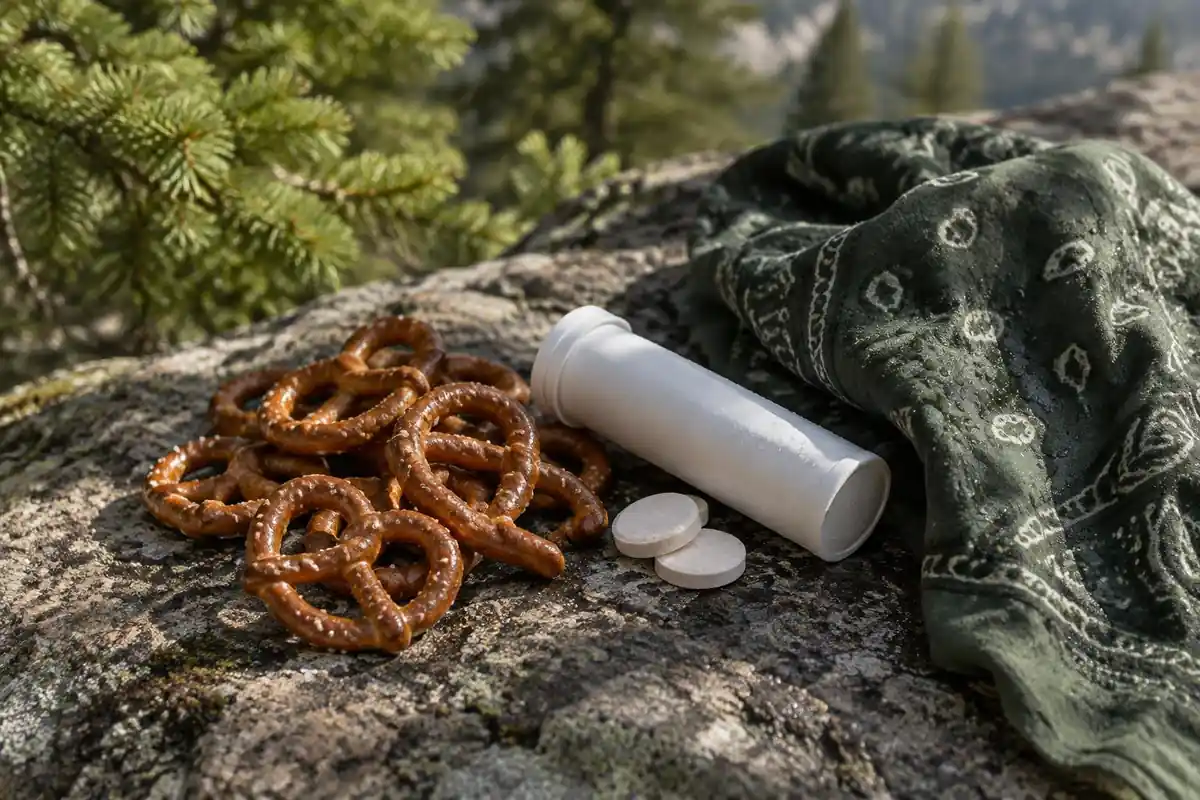 Salty snack, electrolyte tablet tube and a wet bandana on a rock in bright shade