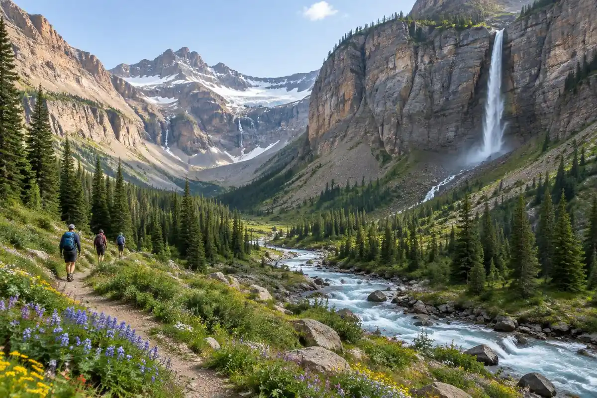 Glacial canyon with a stream and a waterfall between steep peaks, flat trail