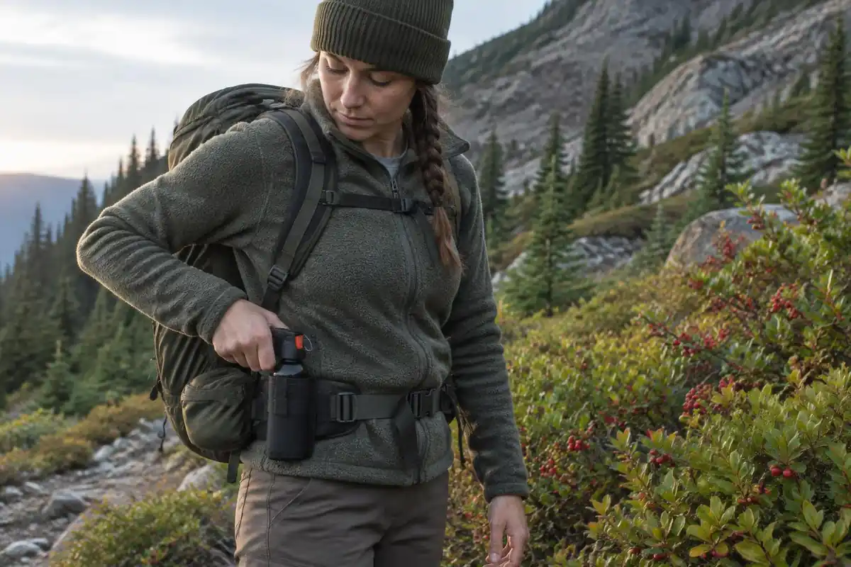 Hiker clipping a canister holster to a hip belt with a berry meadow behind