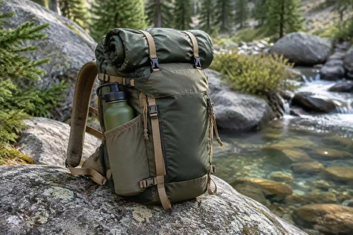 Daypack side pocket holding water bottle and a rain shell stuffed on top