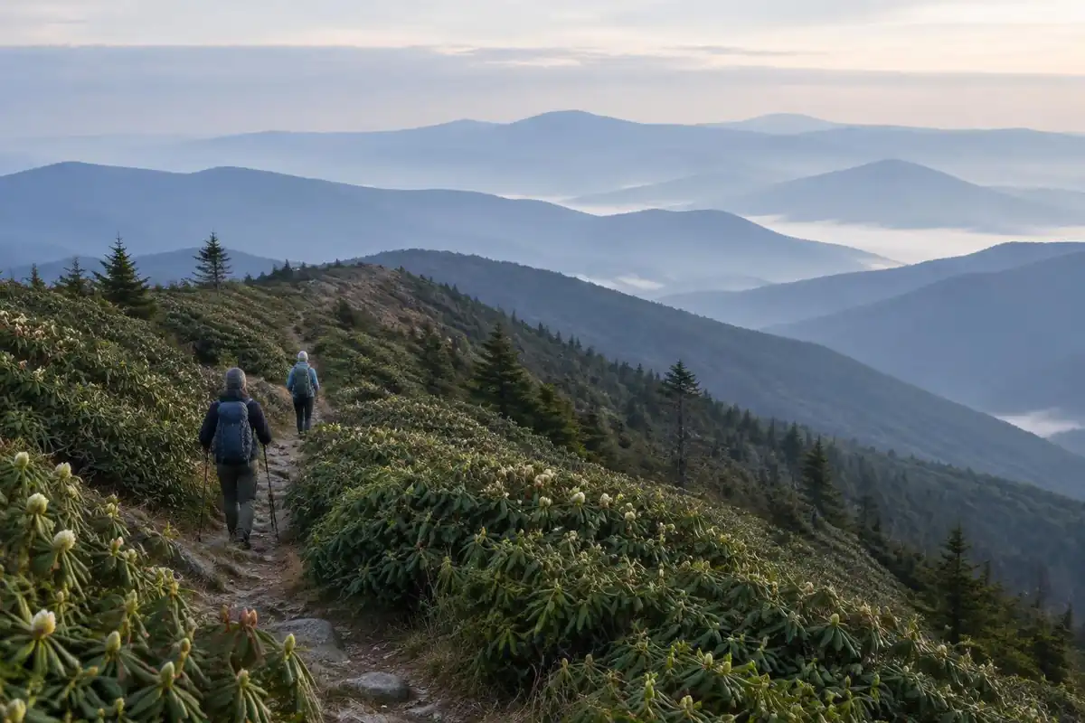 Blue ridges layered under morning mist with rhododendron thickets on a ridge trail