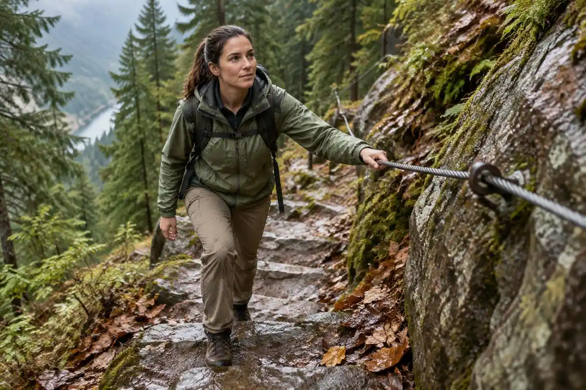 Hiker gripping steel cable rails on a wet rock section with a snug pack
