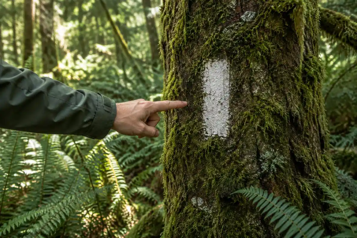 White blaze mark painted on a tree trunk in dense green forest