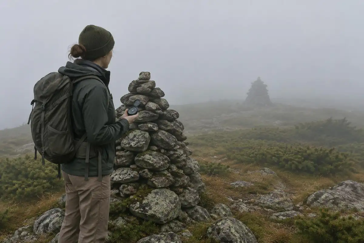 Hiker on a fogged plateau checking a compass beside a cairn