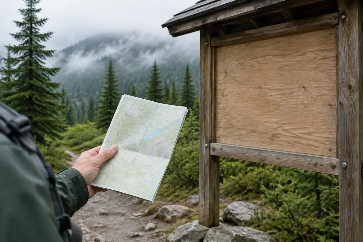 Map pinned on a wooden information board at a trailhead with a folded copy in hand