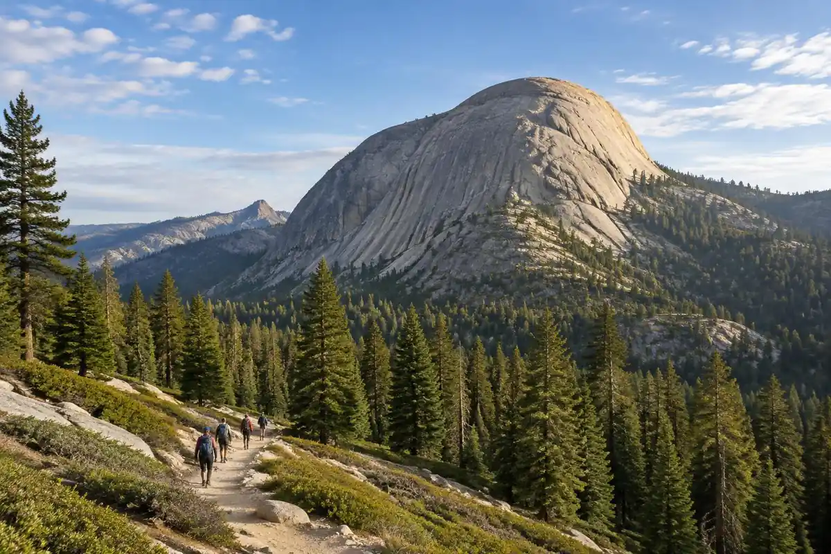 Long granite dome rising above pine forest, hikers small on a trail below