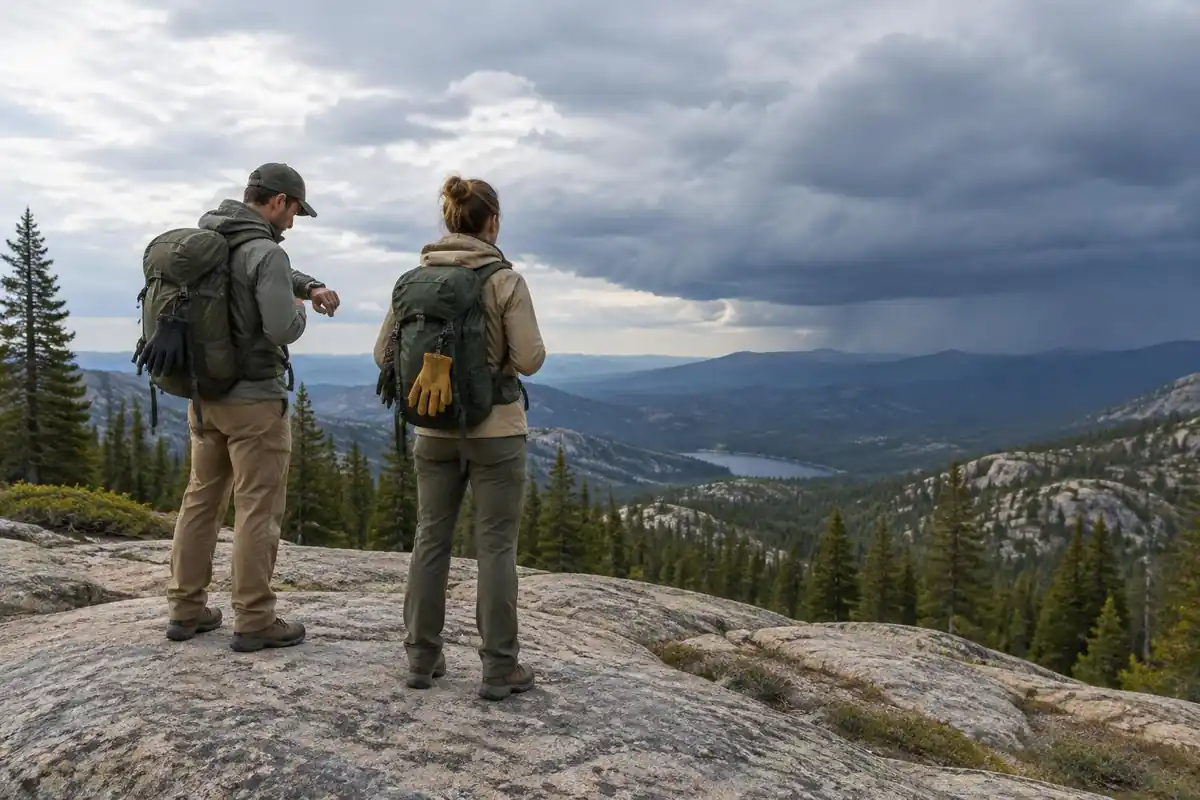 Hiker checking a cloudy sky and a watch on a granite slab, packs on