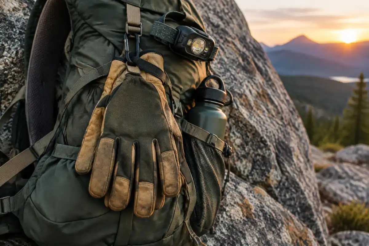 Leather work gloves clipped to a daypack beside a headlamp