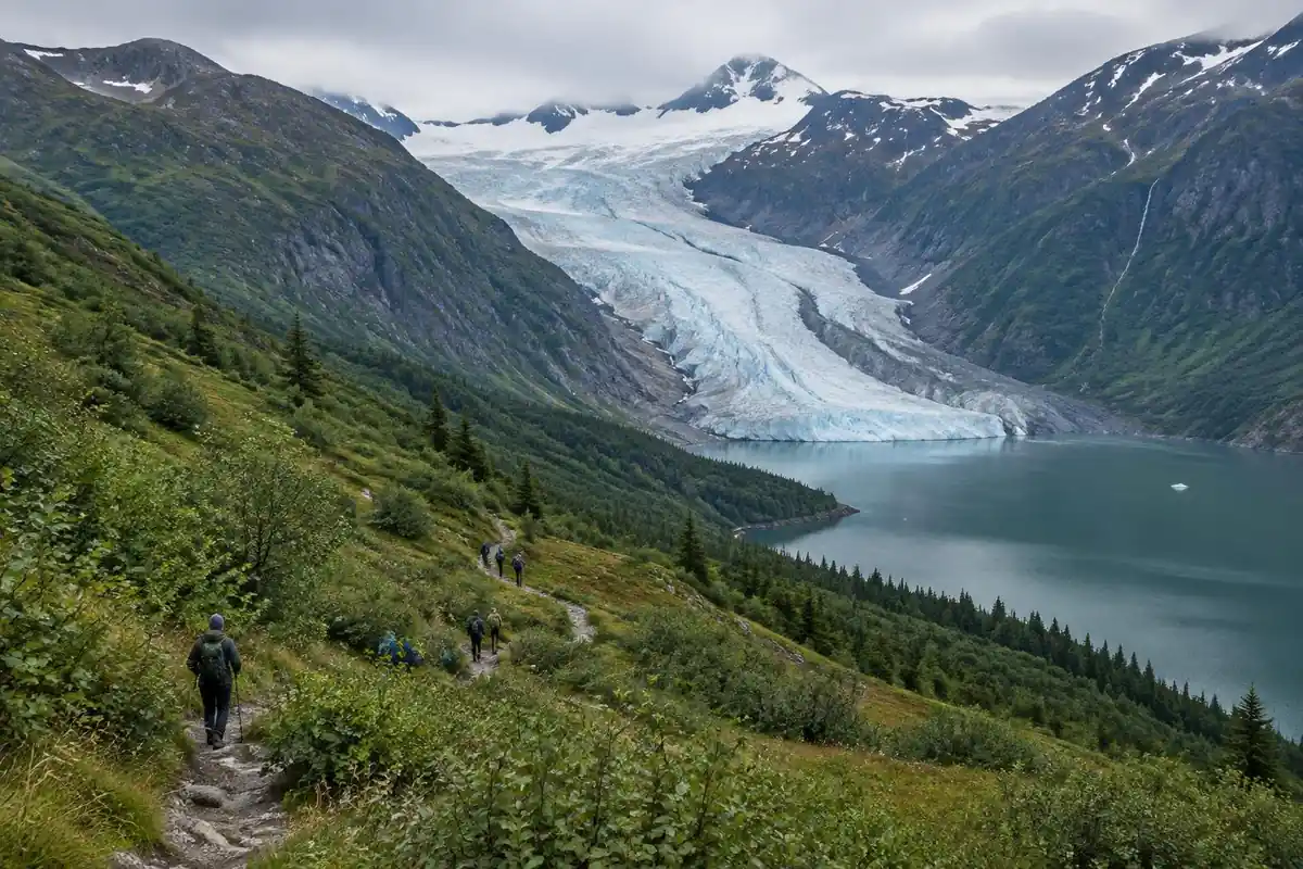 Long glacier icefield edge above a fjord with a trail across steep meadows